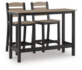 Outdoor counter table set with two barstools, black frame and beige slatted seats