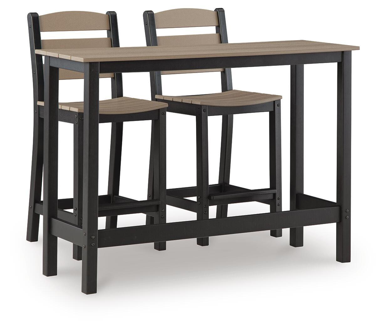 Outdoor counter table set with two barstools, black frame and beige slatted seats