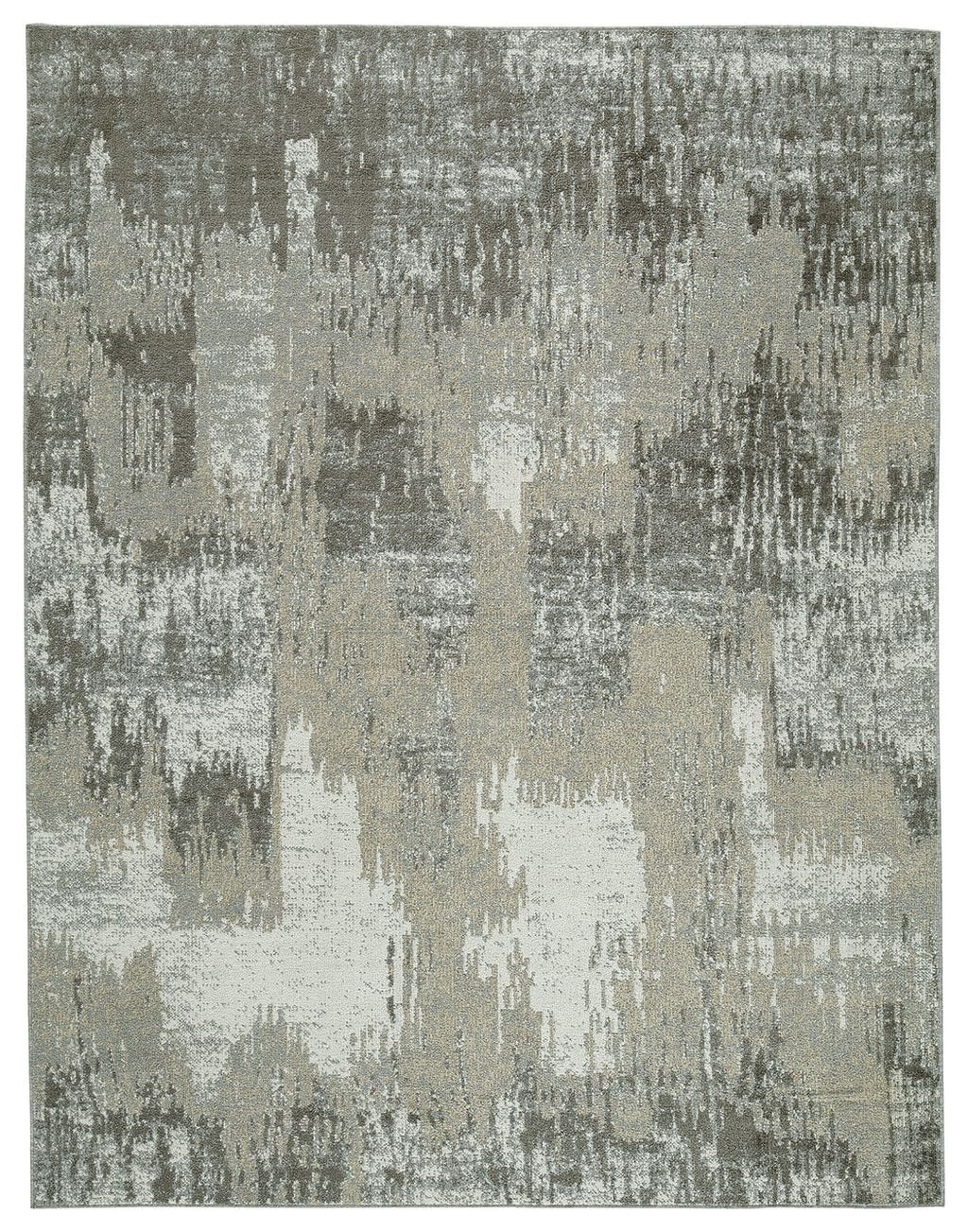 Washable area rug, beige and gray abstract distressed pattern, bound edges, 8 x 10 ft