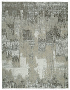 Washable area rug, beige and gray abstract distressed pattern, bound edges, 8 x 10 ft