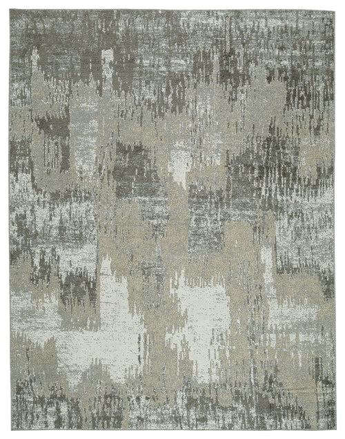 Washable area rug, beige and gray abstract distressed pattern, bound edges, 8 x 10 ft