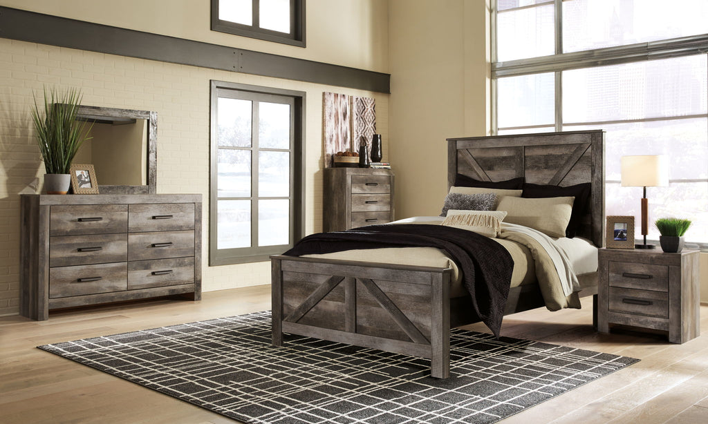 Gray bedroom set with bed, dresser, two nightstands, and mirror