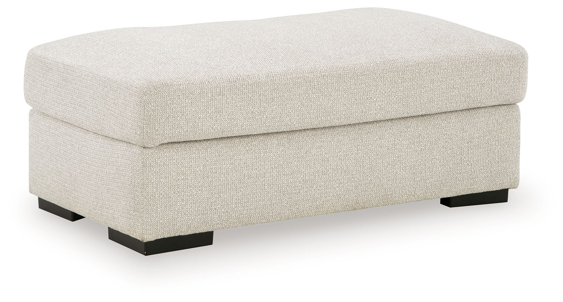 Light beige linen ottoman with padded upholstered top and dark legs