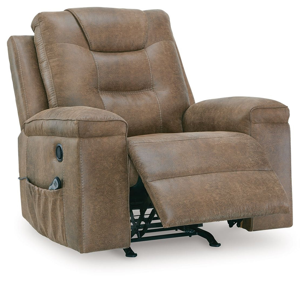 Earth-toned rocker recliner chair with extended footrest and side storage pockets