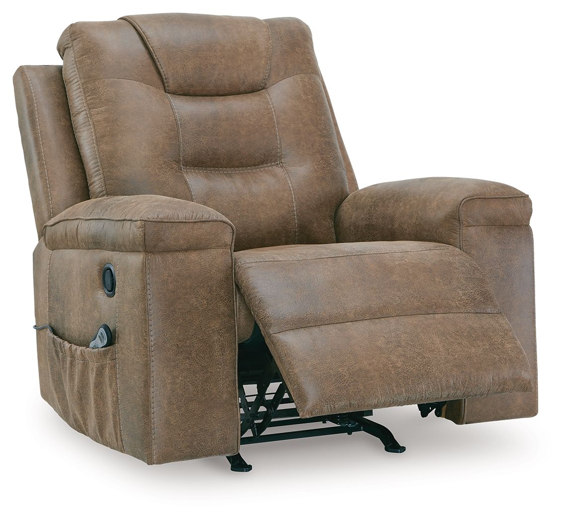 Earth-toned rocker recliner chair with extended footrest and side storage pockets