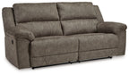 2-seat reclining sofa in fossil gray upholstery, padded arms and back cushions