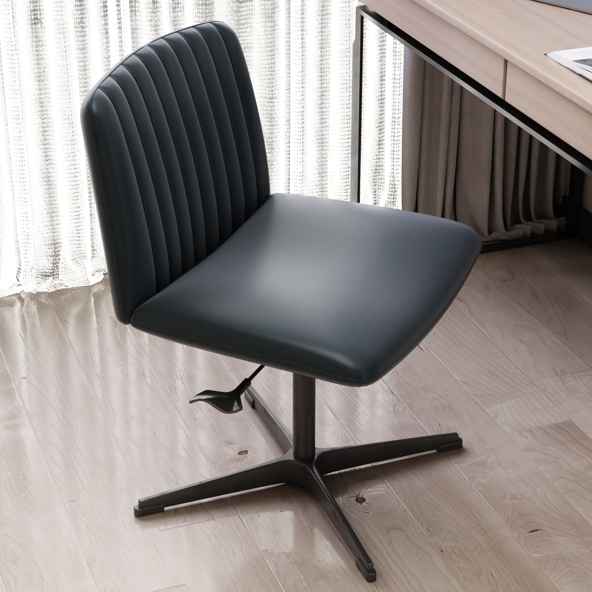 Black PU Leather Home Office Chair, 360° Swivel, No Wheels