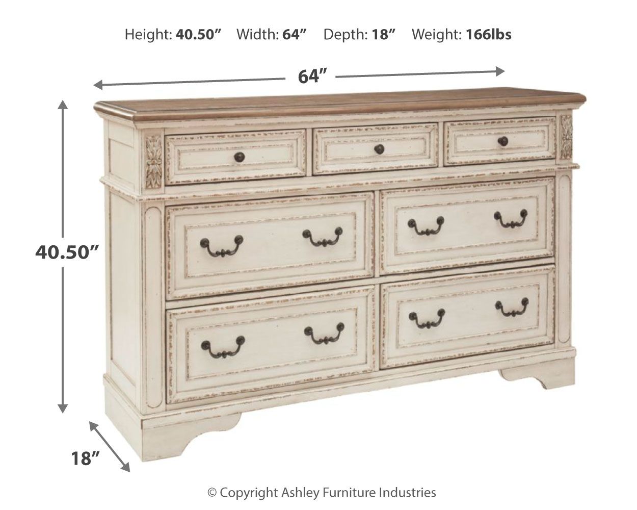 Two-tone dresser with six drawers and dark metal cup handles, front corner view.