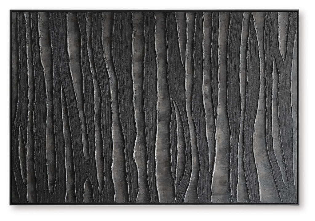 Rectangular textured wall art with dark vertical ridged lines, black frame