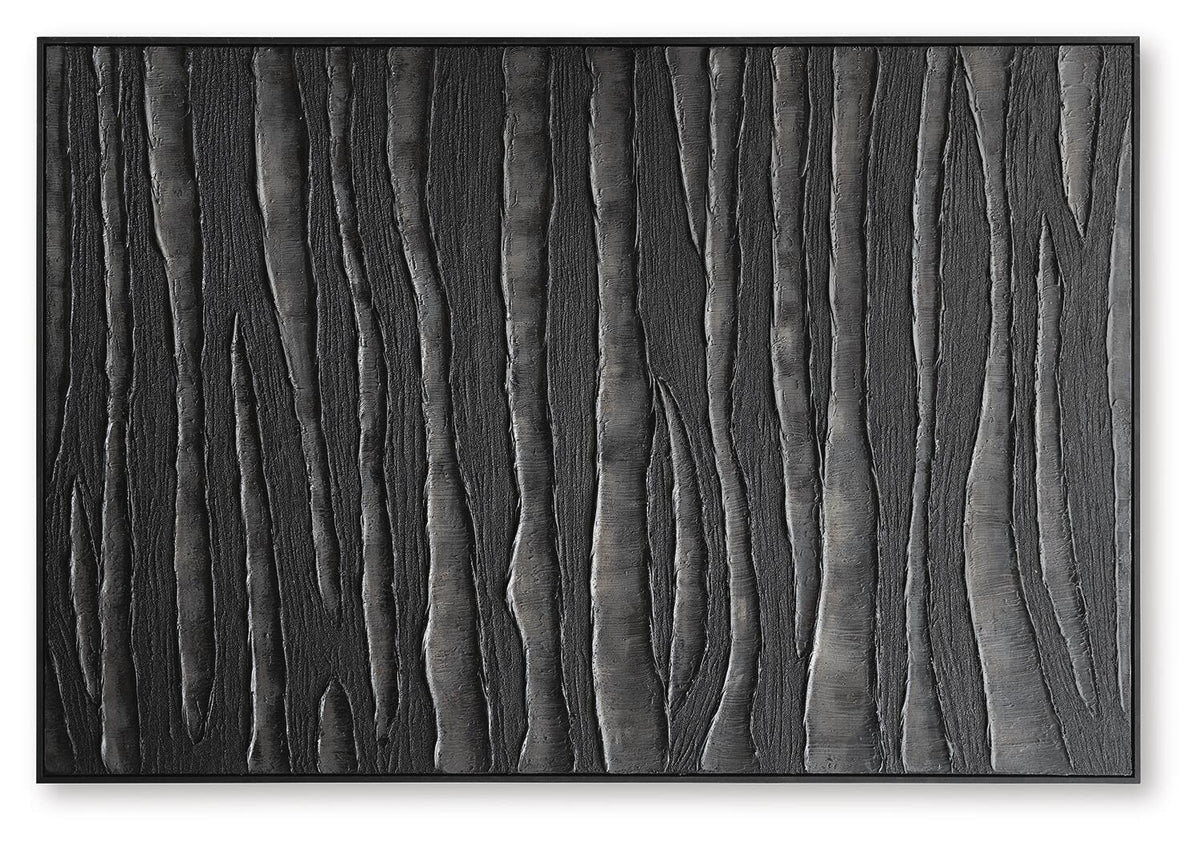 Rectangular textured wall art with dark vertical ridged lines, black frame