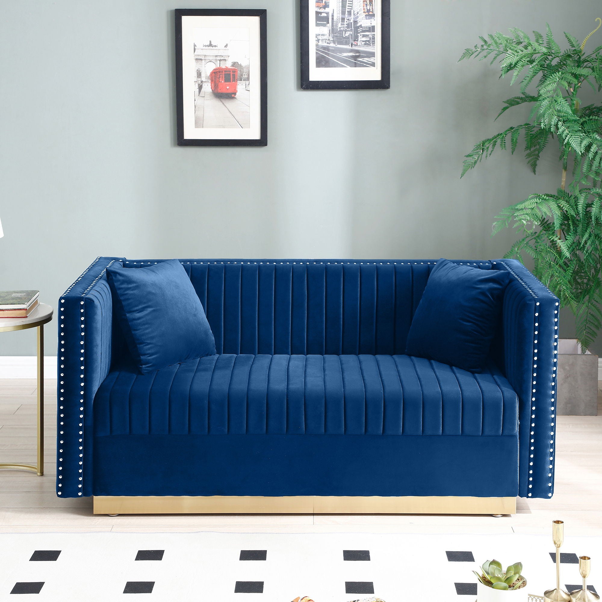 Contemporary Vertical Channel Tufted Velvet Sofa Loveseat Modern Upholstered 2 Seater Couch For Living Room Apartment With 2 Pillows, Blue