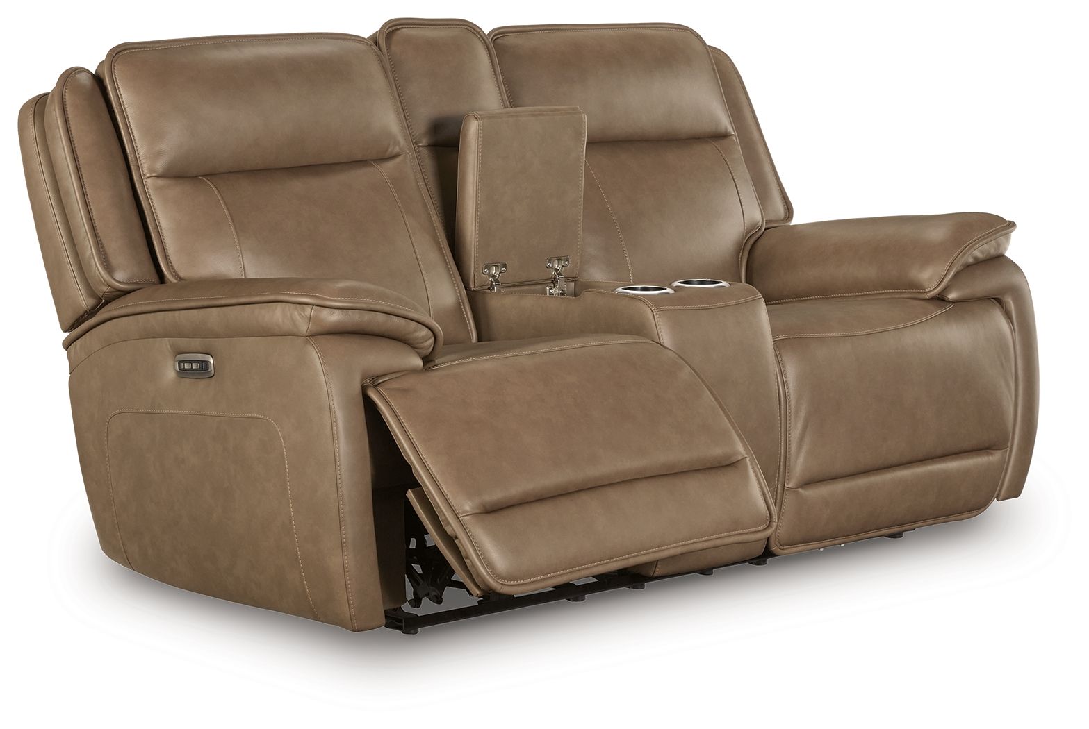 Power reclining loveseat with center console and adjustable headrests, brown upholstery