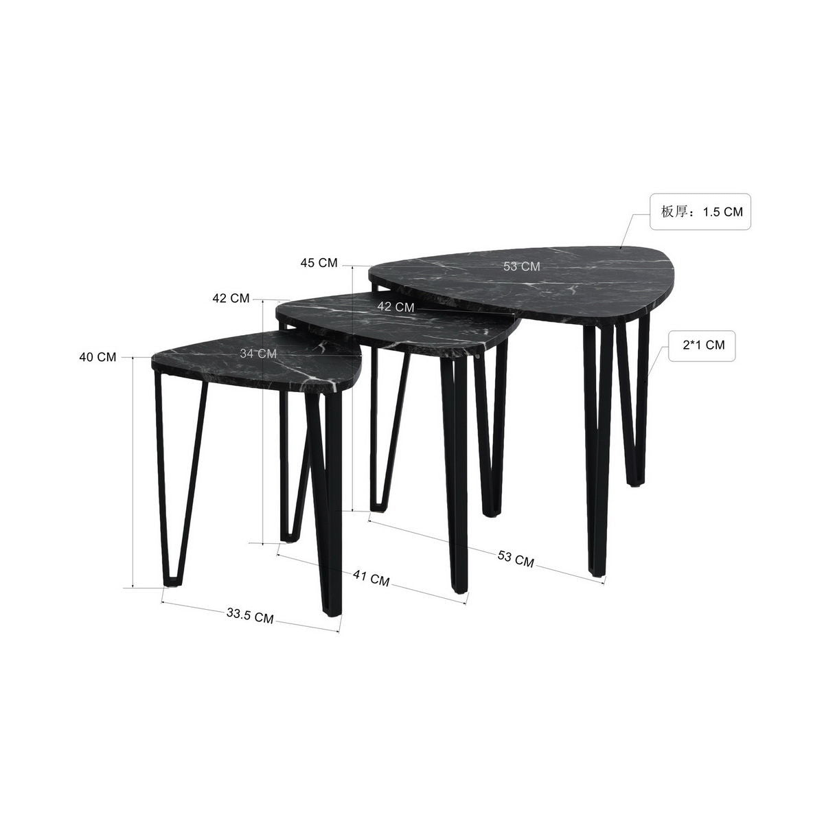 Nesting Coffee Table (Set of 3) End Tables For Living Room, Stacking Side Tables, Wood Look Accent Furniture With Metal Frame - Black Marble