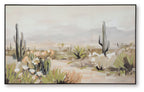 Framed wall art of desert cacti and white blooms in green, beige, gray