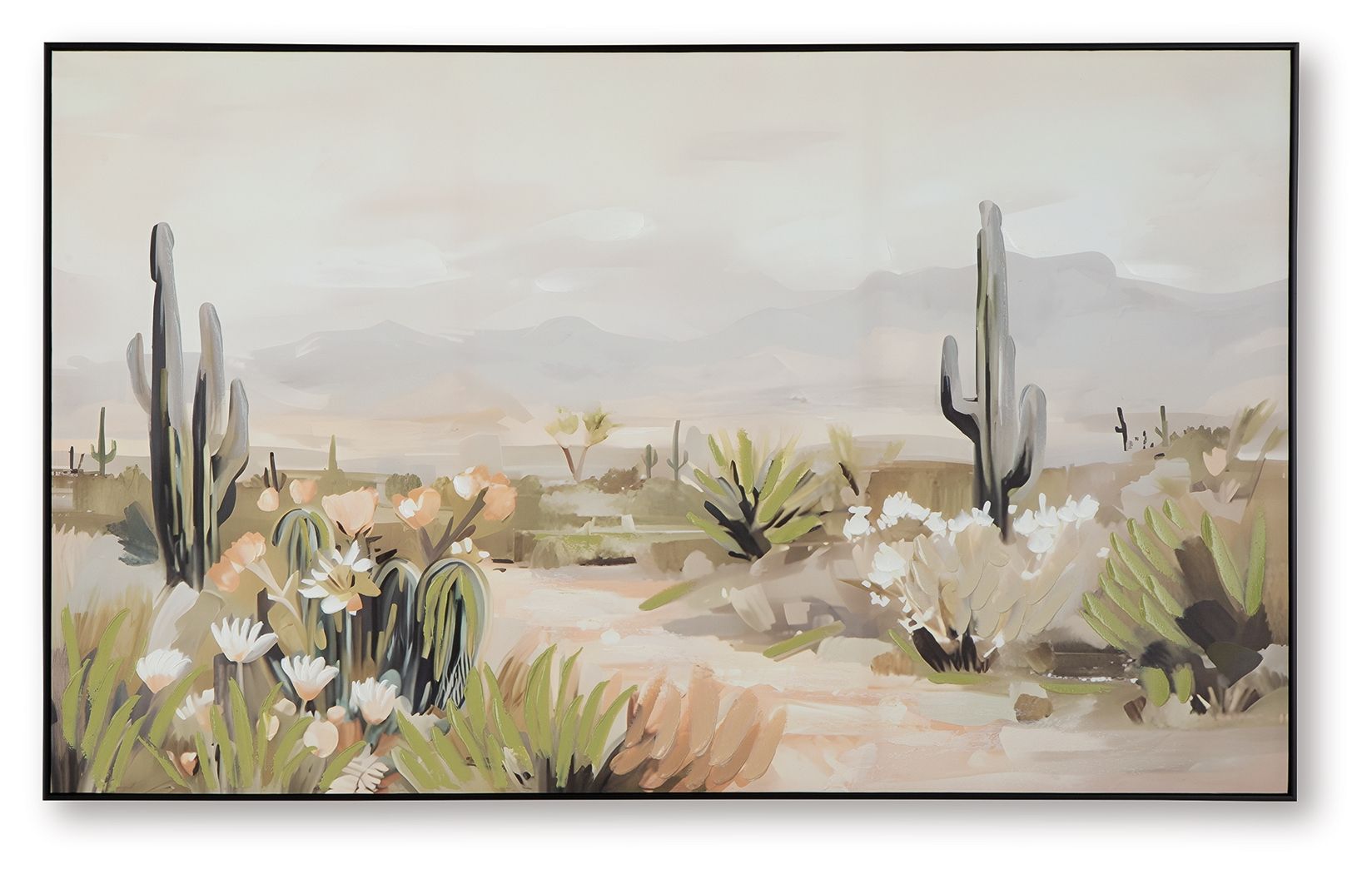 Framed wall art of desert cacti and white blooms in green, beige, gray
