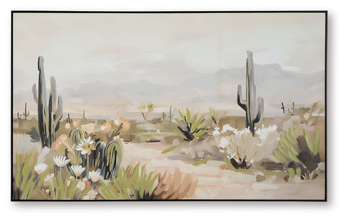 Framed wall art of desert cacti and white blooms in green, beige, gray