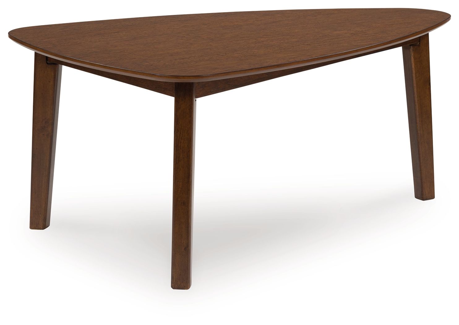 Brown wood occasional table with beveled edges and four straight tapered legs