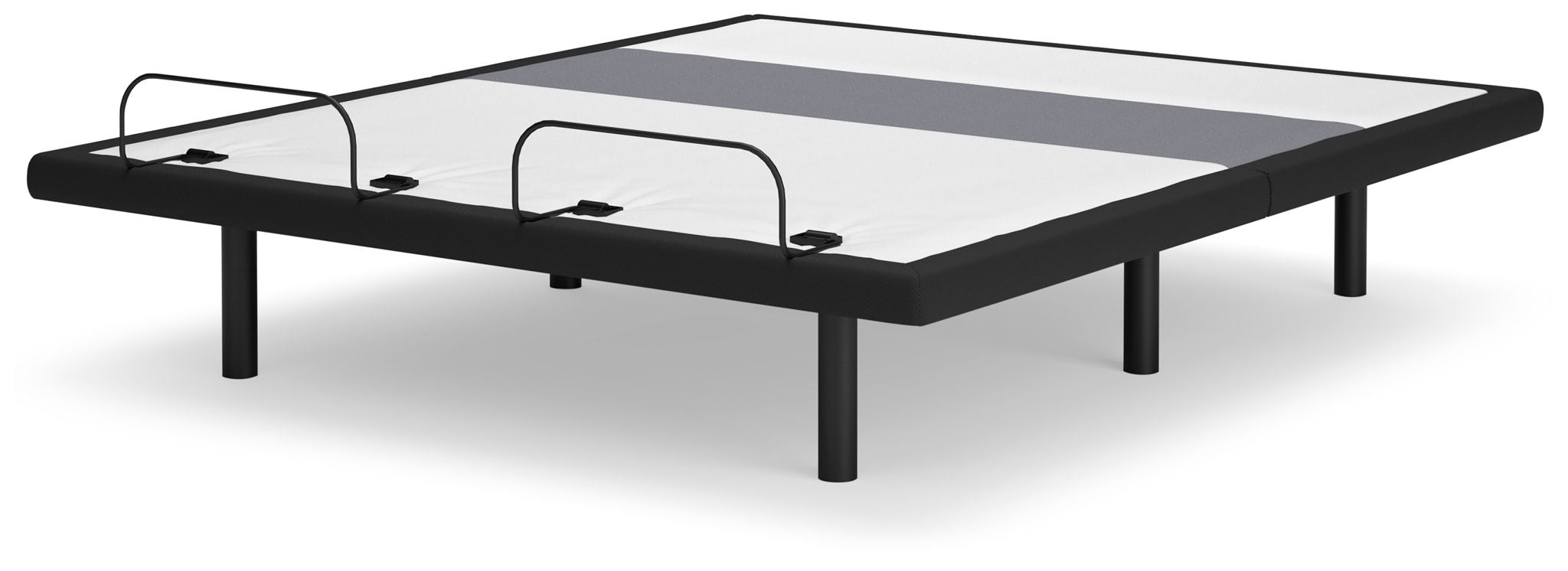 Adjustable bed base with lumbar support and audio, dark frame, top view with cable and controls