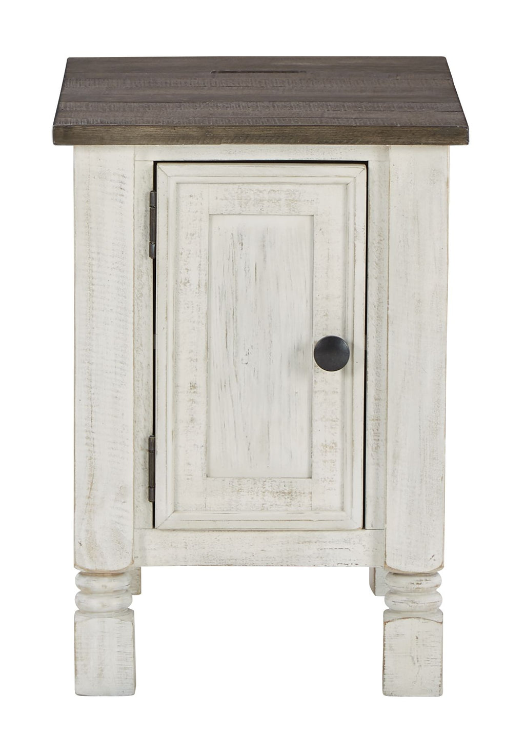 Havalance chair-side end table with white cabinet door and dark round knob, gray top