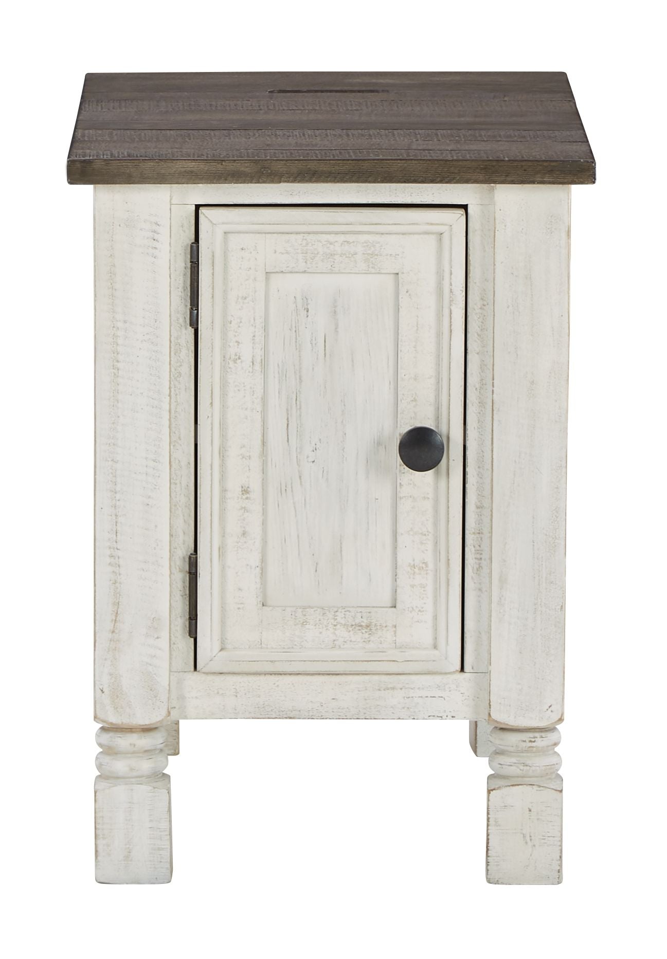 Havalance chair-side end table with white cabinet door and dark round knob, gray top