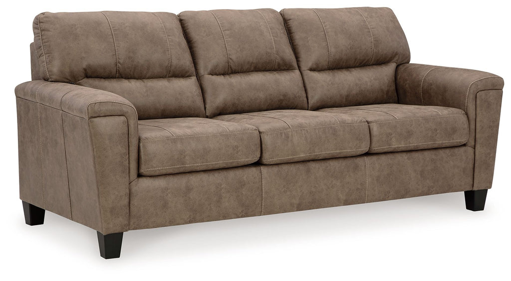 Fossil brown fabric sofa with tufted back cushions and track arms