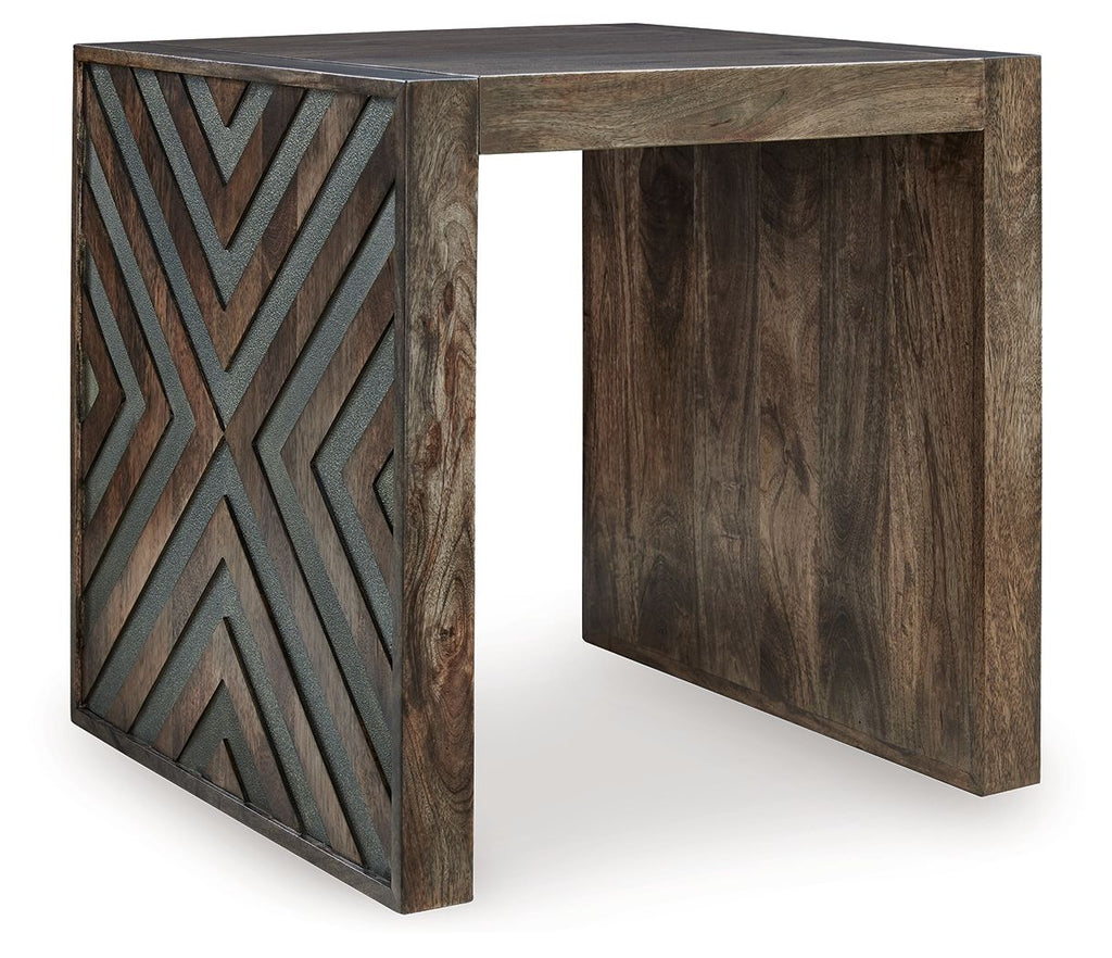Brown square end table with carved chevron wood panels and dark wood tabletop.