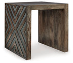 Brown square end table with carved chevron wood panels and dark wood tabletop.