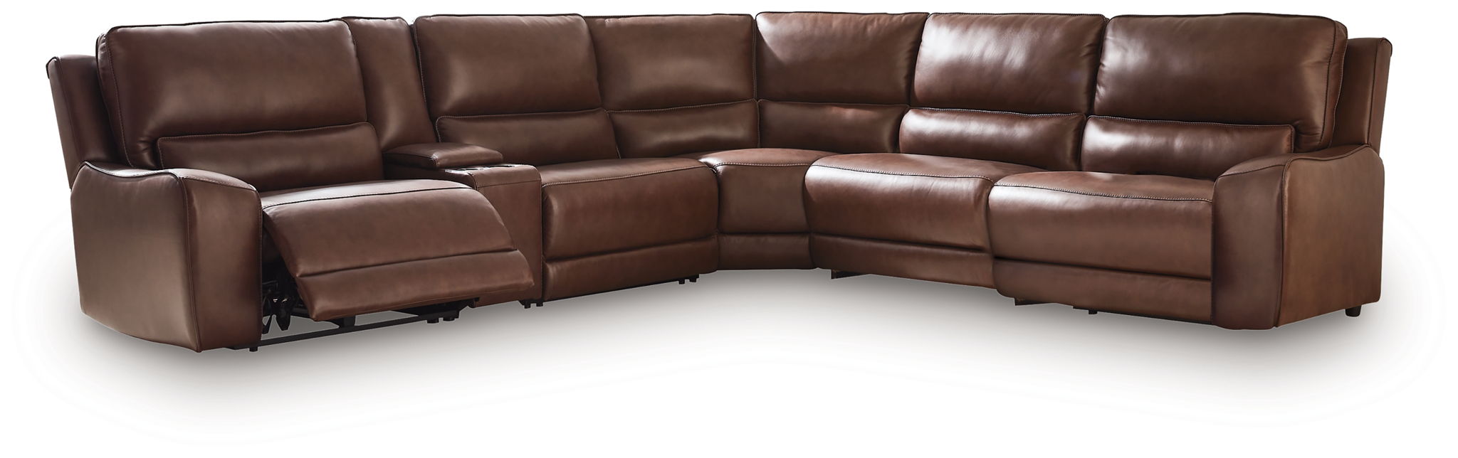 Power reclining sectional with chaise section and reclining seats in dark brown leather