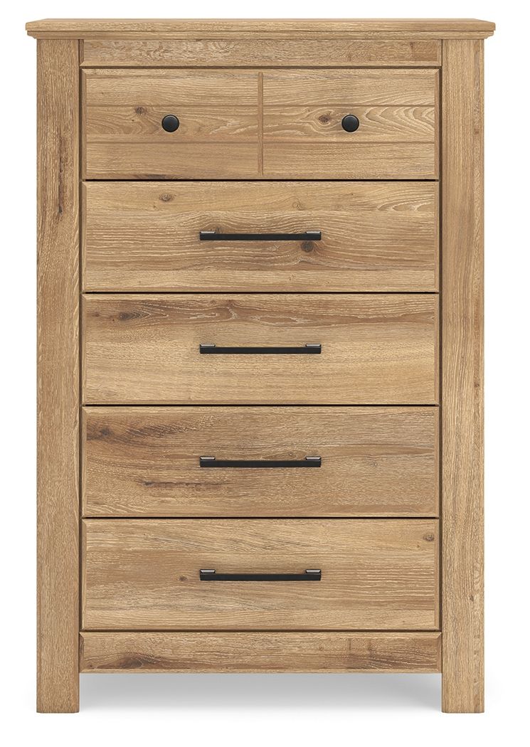 Light brown five-drawer chest with black bar handles and round knob pulls