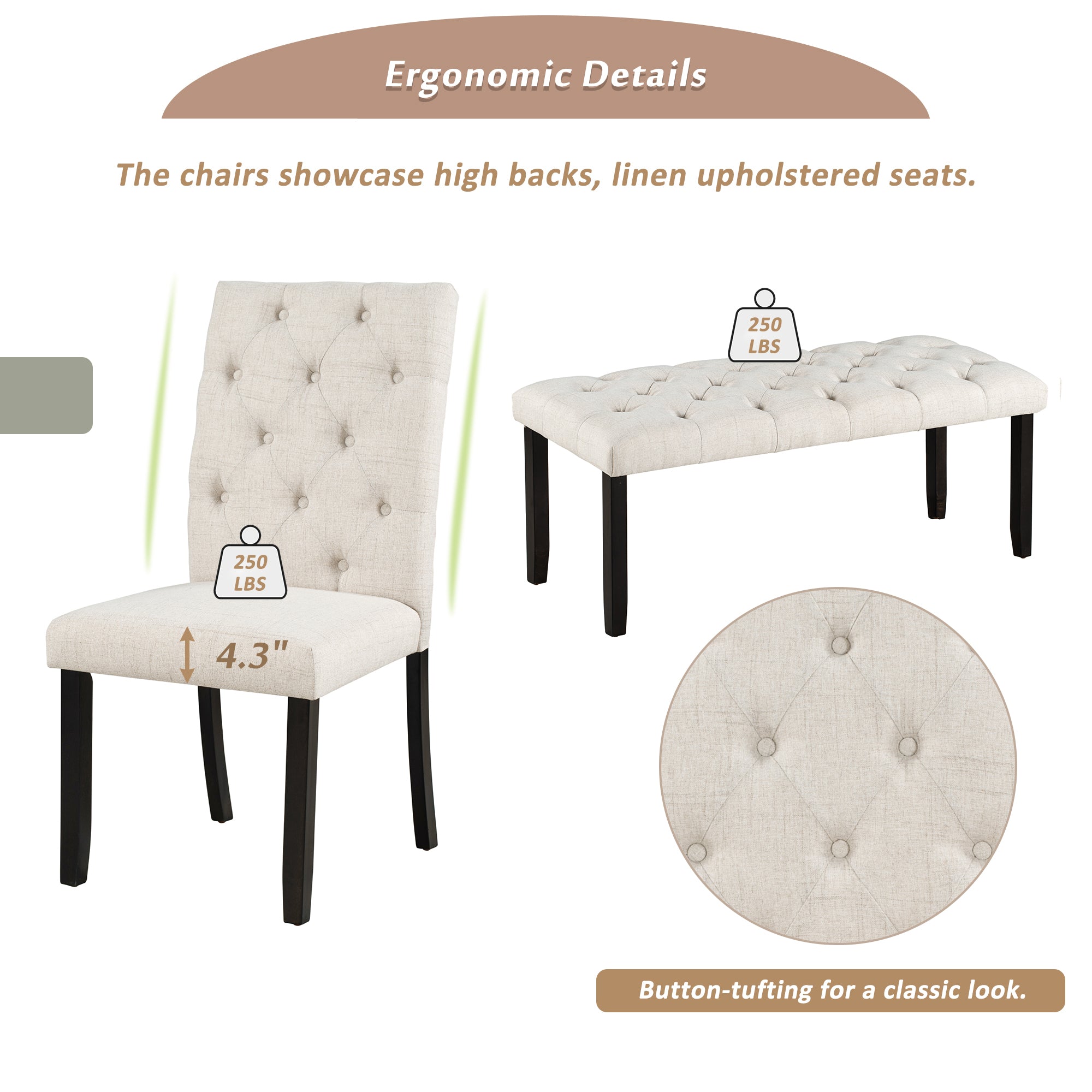 6-Piece Farmhouse Dining Set, 72" Table & Bench
