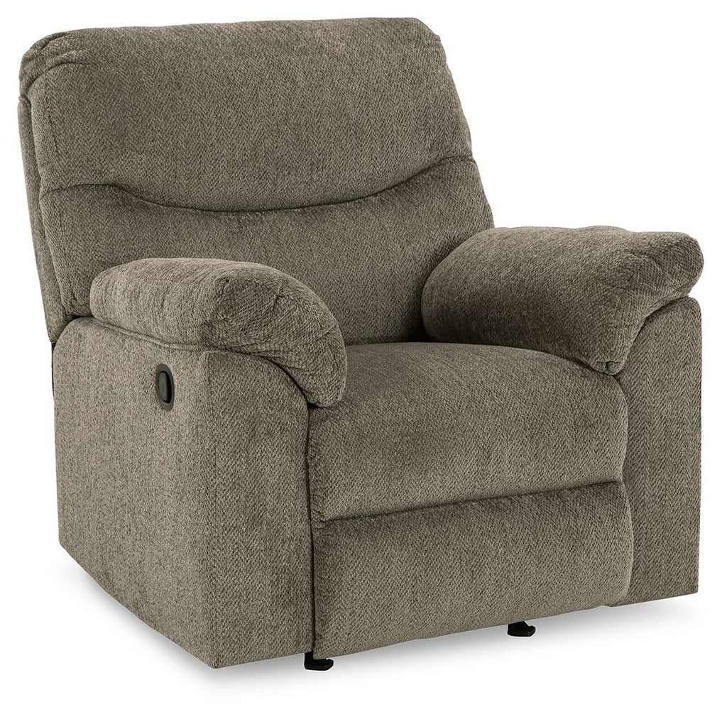 Alphons rocker recliner in putty fabric with padded arms and recline base, side view