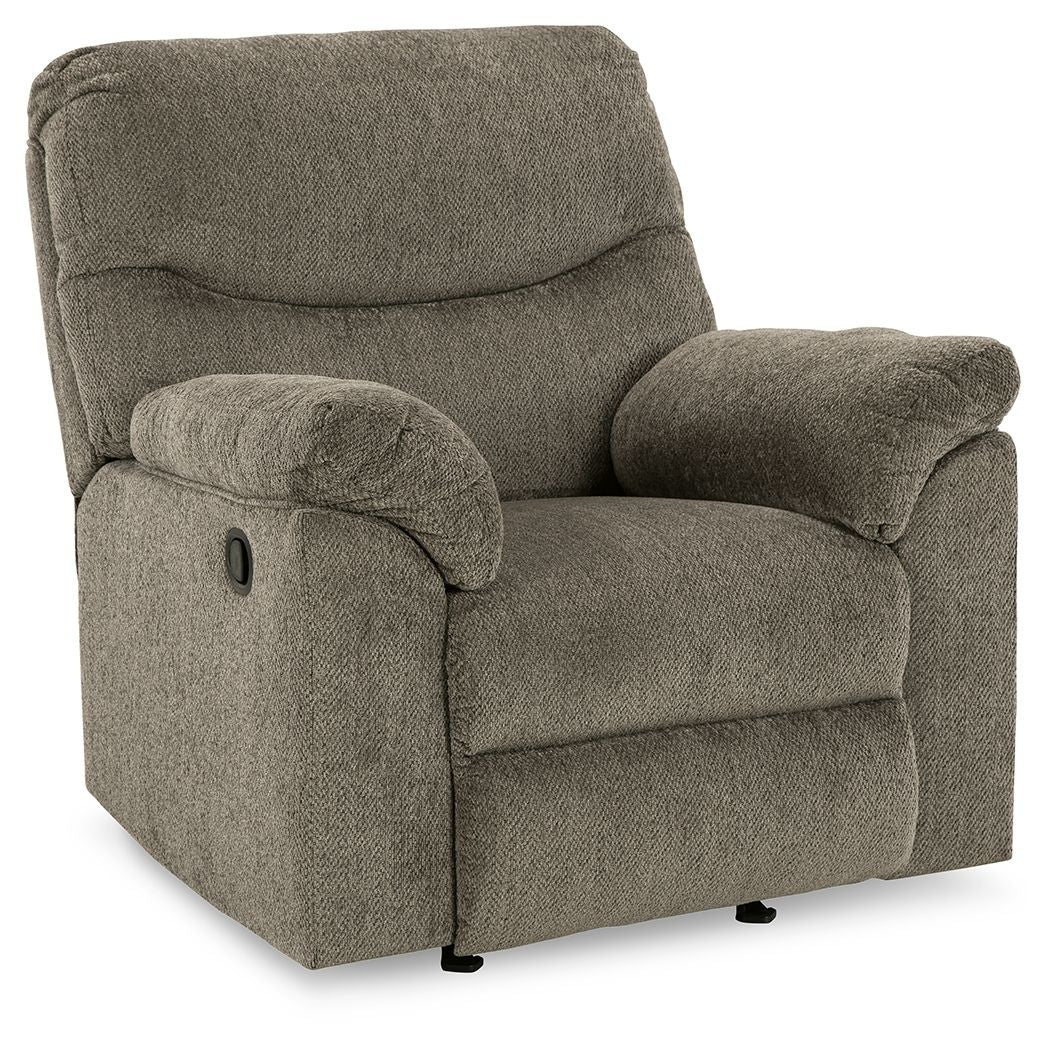 Alphons rocker recliner in putty fabric with padded arms and recline base, side view