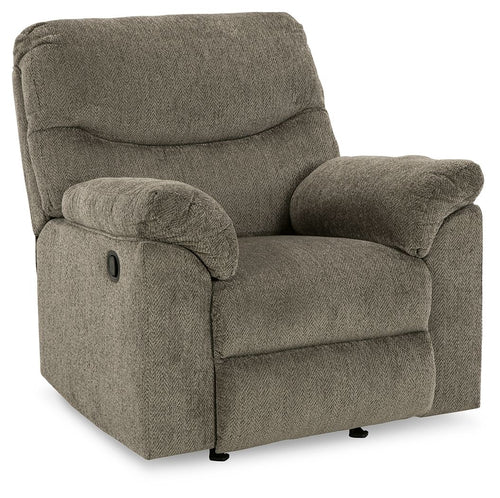 Alphons rocker recliner in putty fabric with padded arms and recline base, side view