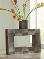 Wrengrove vase in dark gray, open rectangular frame holding flowers and stems