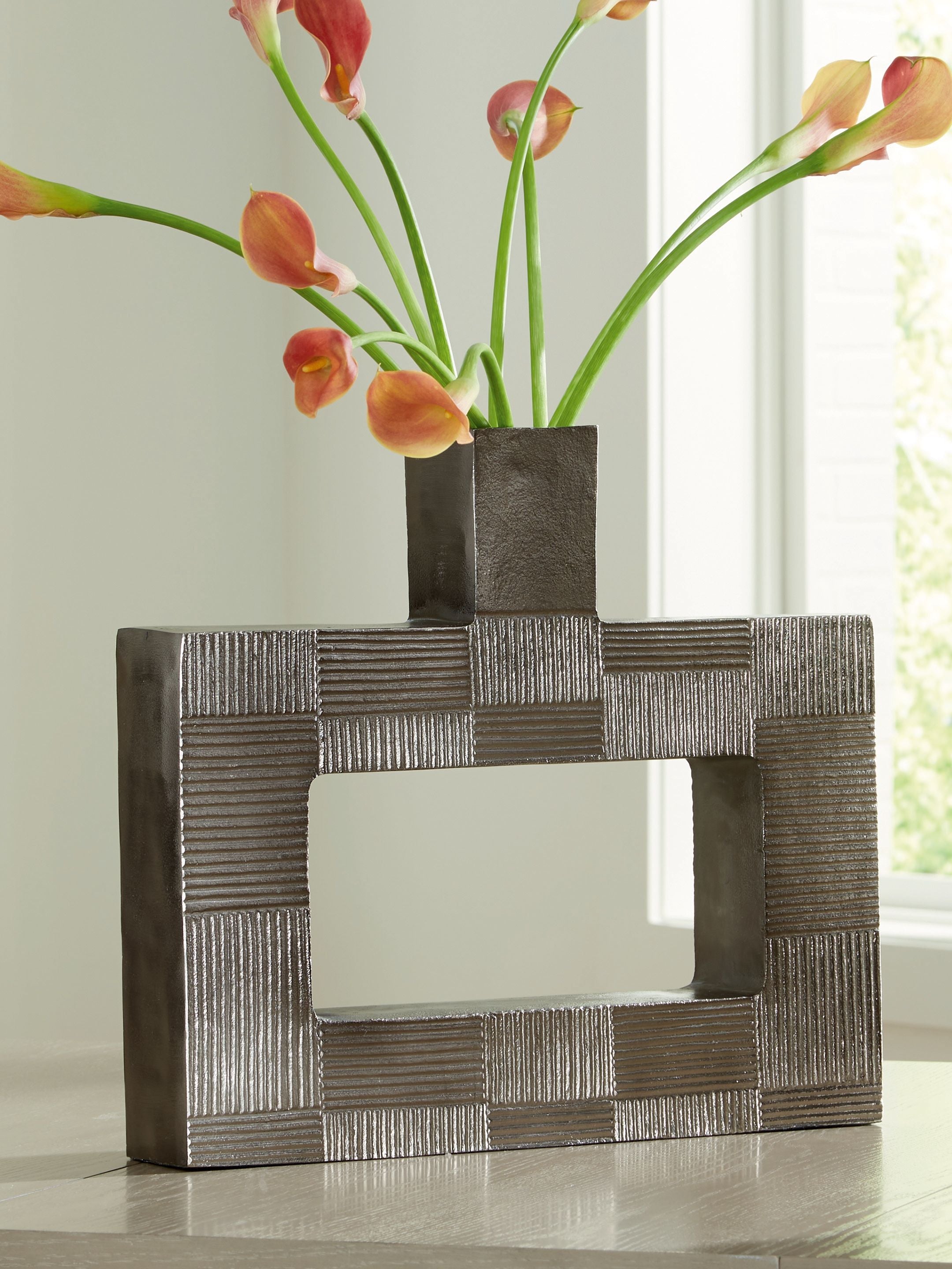 Wrengrove vase in dark gray, open rectangular frame holding flowers and stems