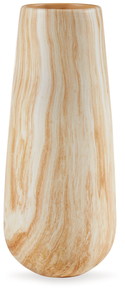 Beige marbled vase with tapered sides and wide open top