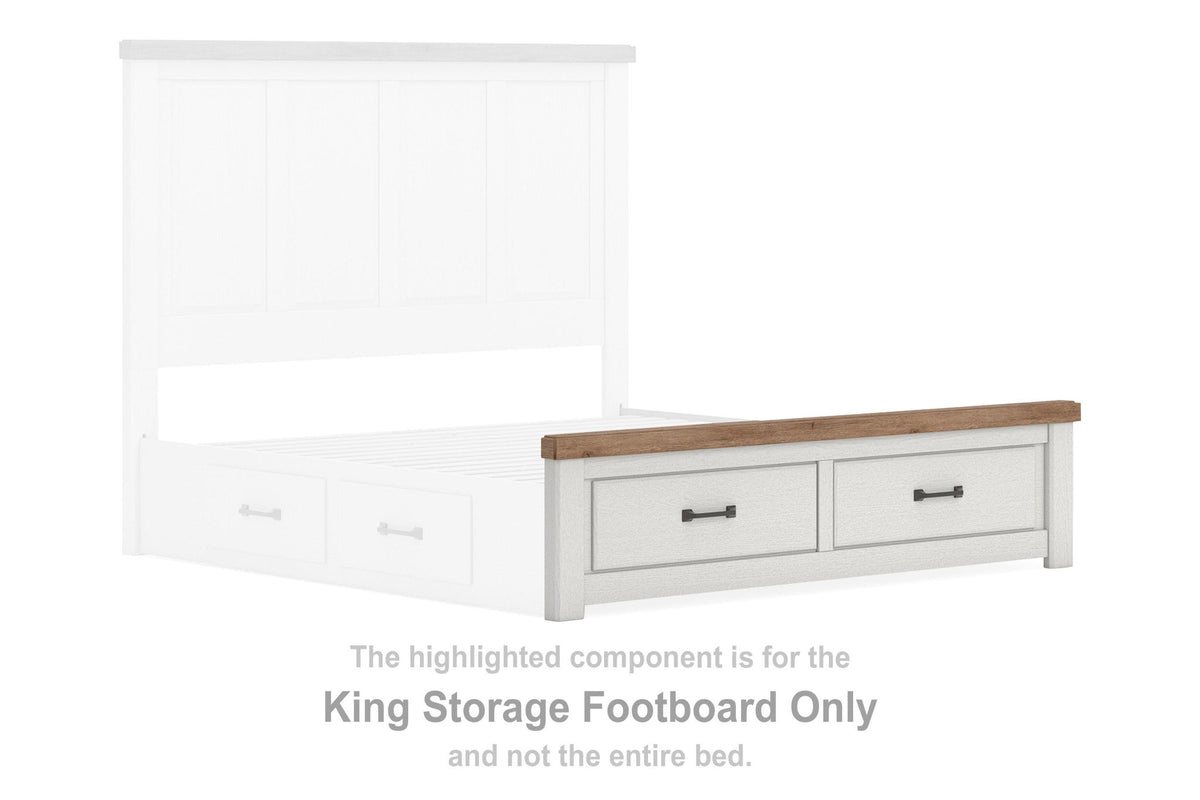 White king storage footboard with brown top and two drawer fronts