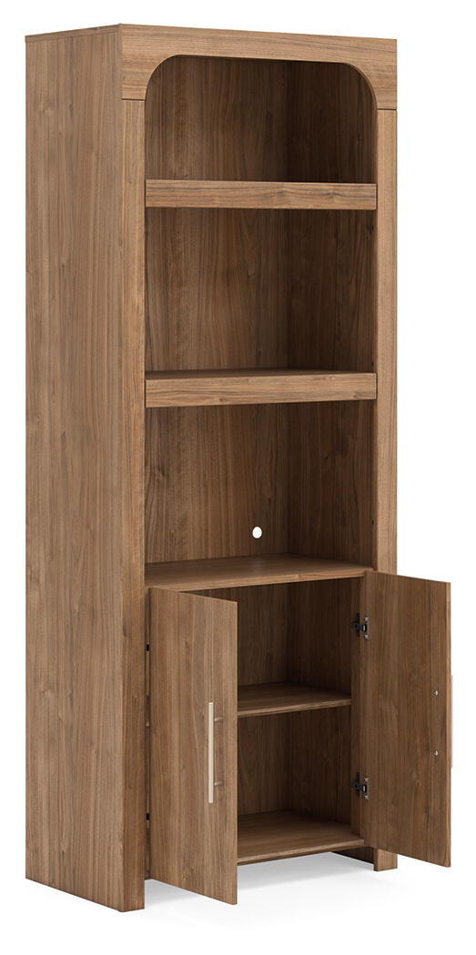 Brown display cabinet with open hinged door revealing interior shelves and side storage