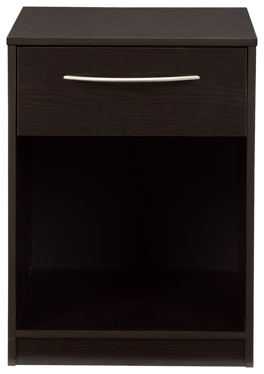 Dark wood night stand front view with one drawer, silver bar handle, and open shelf