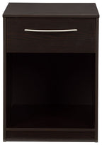 Dark wood night stand front view with one drawer, silver bar handle, and open shelf
