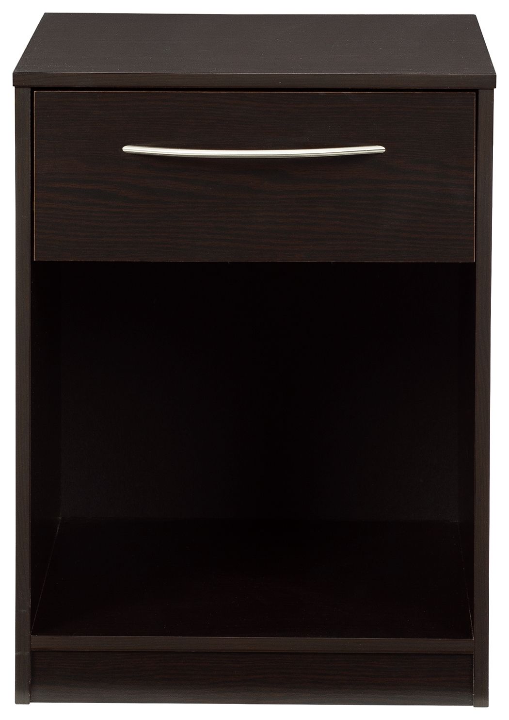 Dark wood night stand front view with one drawer, silver bar handle, and open shelf
