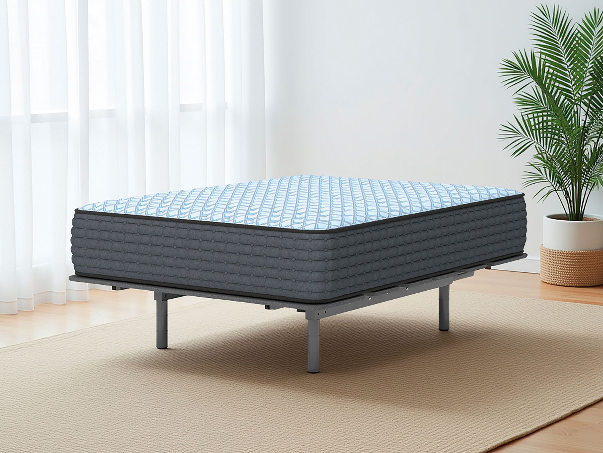 Blue firm mattress with quilted top and dark gray base on legs, perspective view