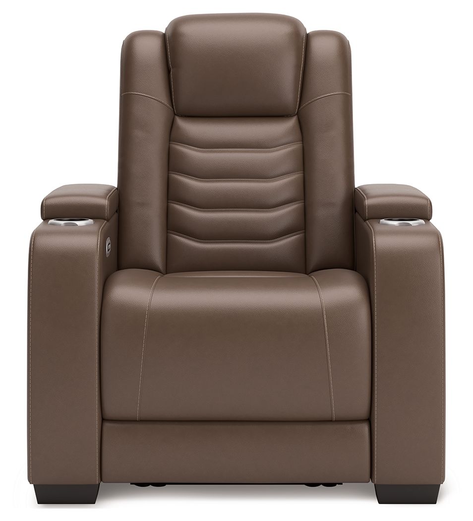 Brown power recliner chair with cushioned upright back and padded headrest