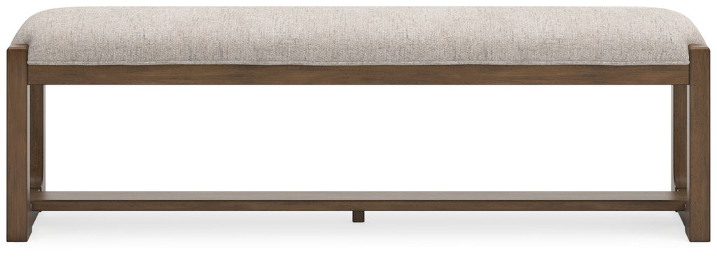 Upholstered dining bench with oatmeal seat and light brown frame, front view