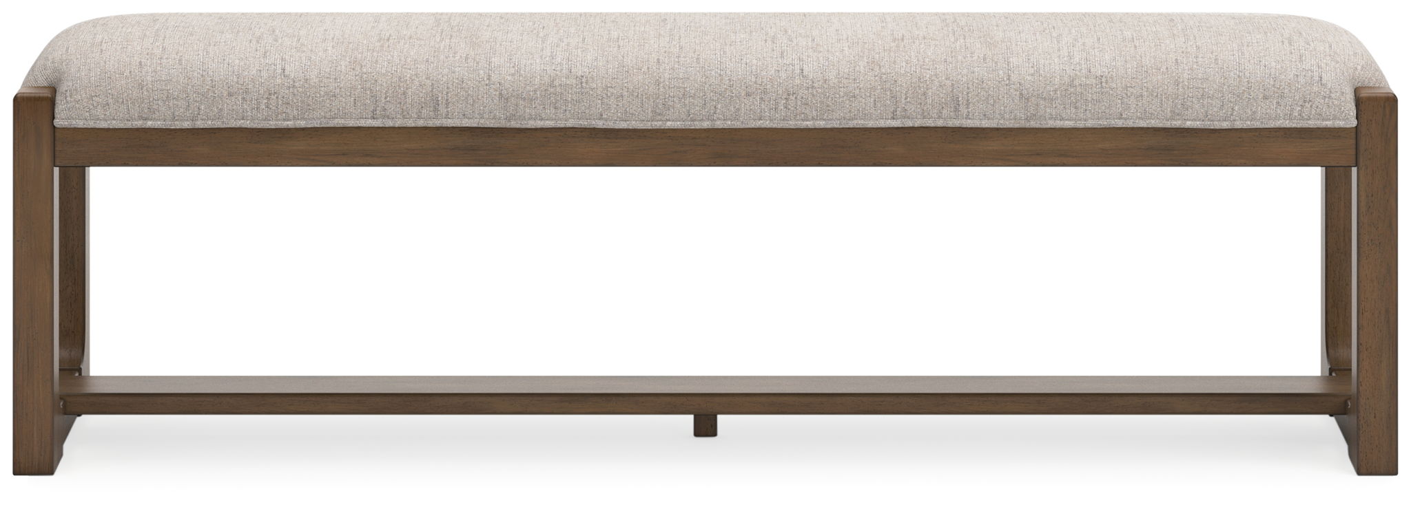 Upholstered dining bench with oatmeal seat and light brown frame, front view