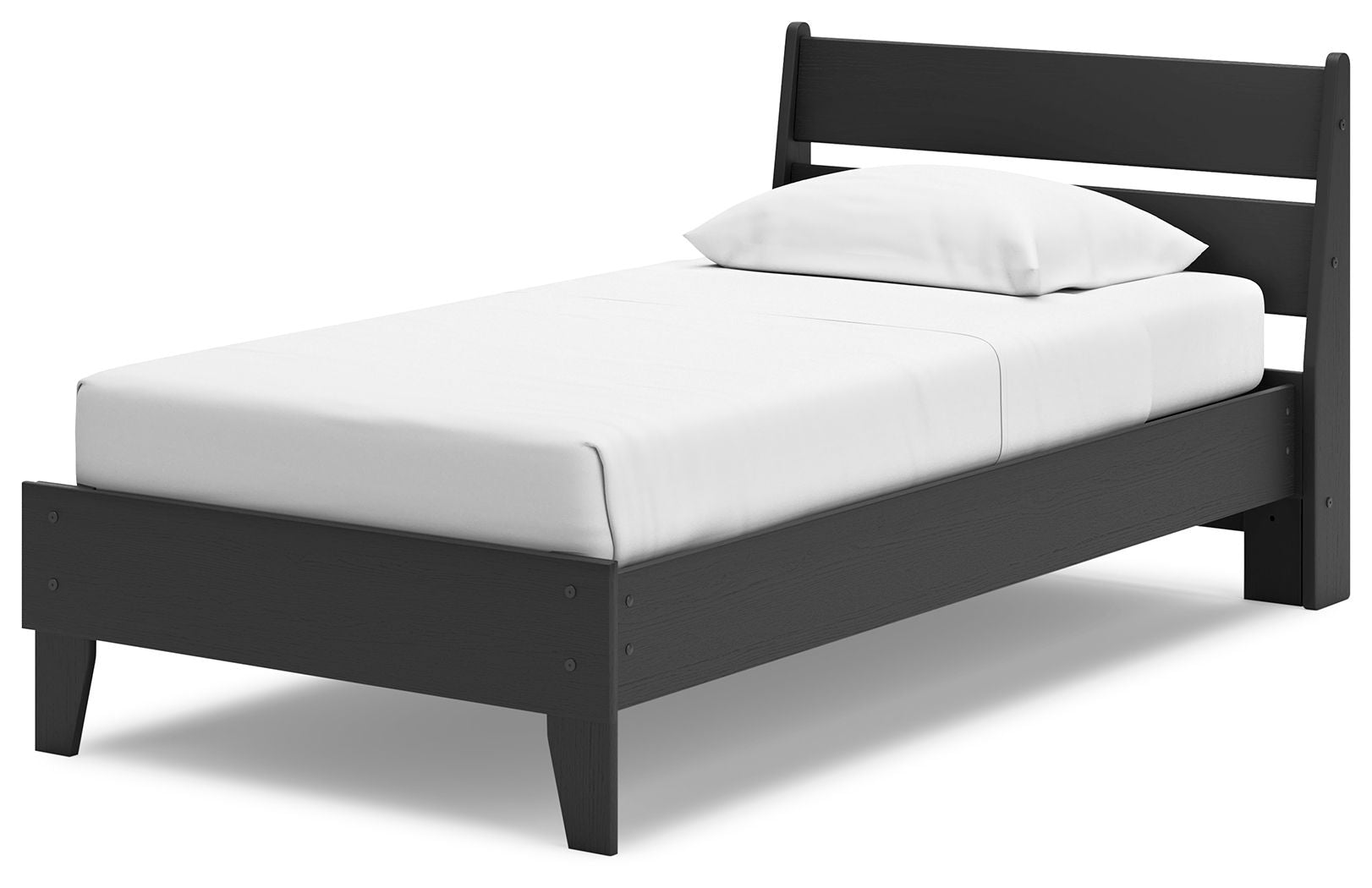 Black panel platform bed with white mattress and white pillow