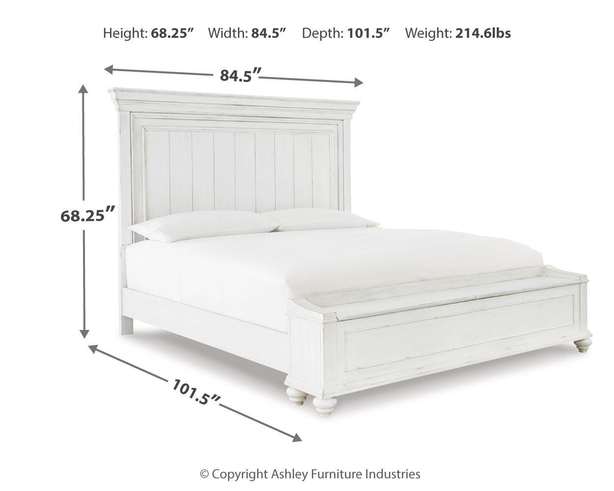 Kanwyn panel bed in white, tall paneled headboard with arched upholstered backrest