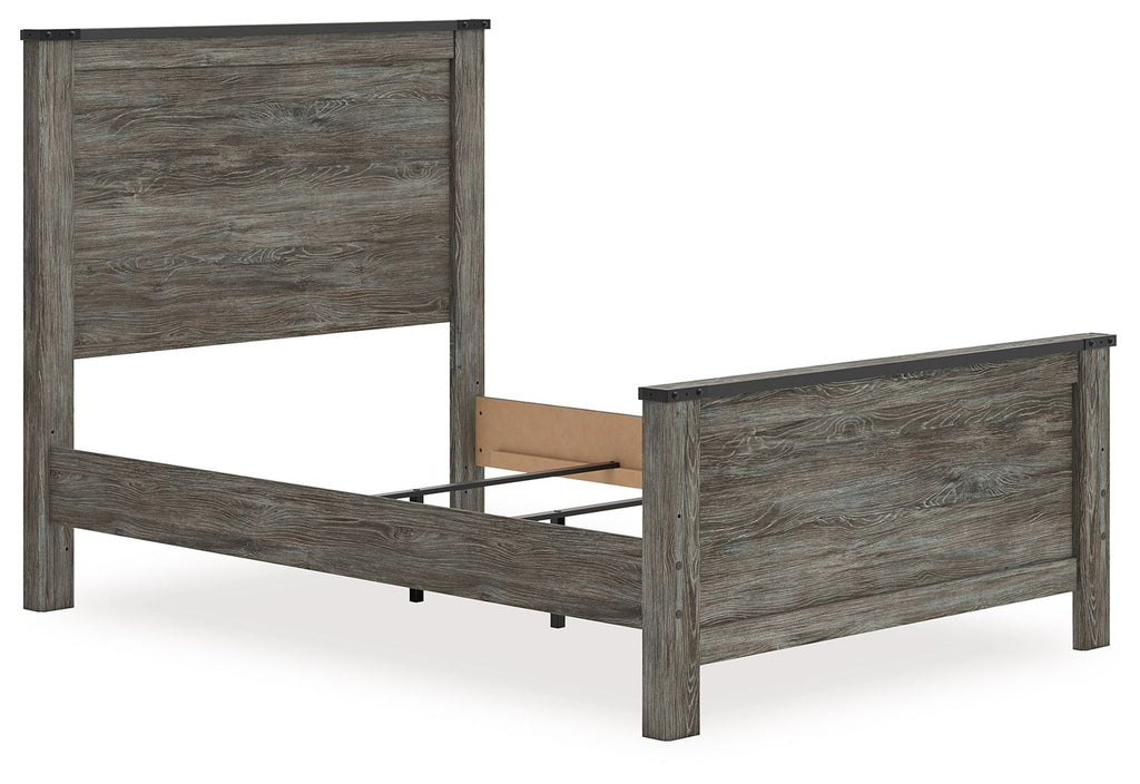 Gray panel bed frame with headboard and open interior support base