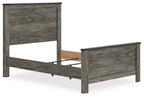 Gray panel bed frame with headboard and open interior support base