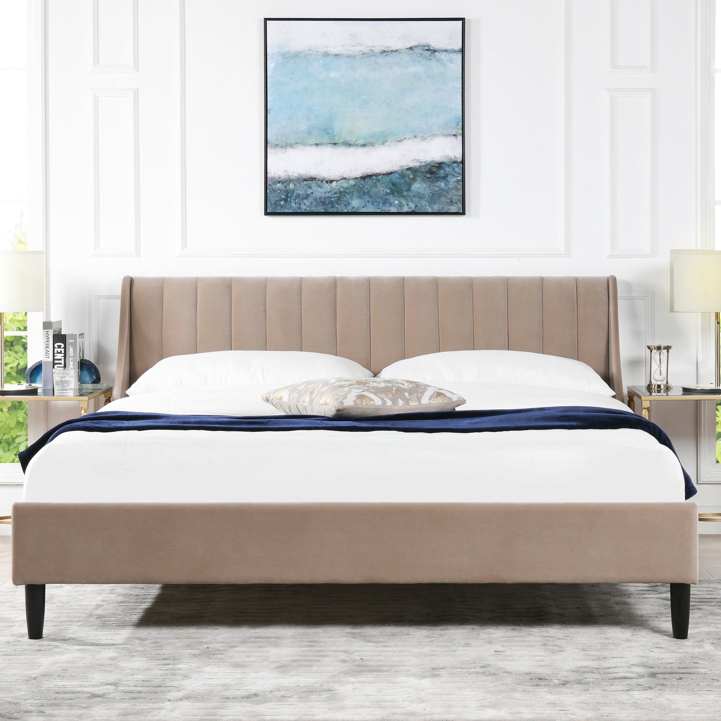 King Size Aspen Vertical Tufted Platform Bed Set Mink Velvet